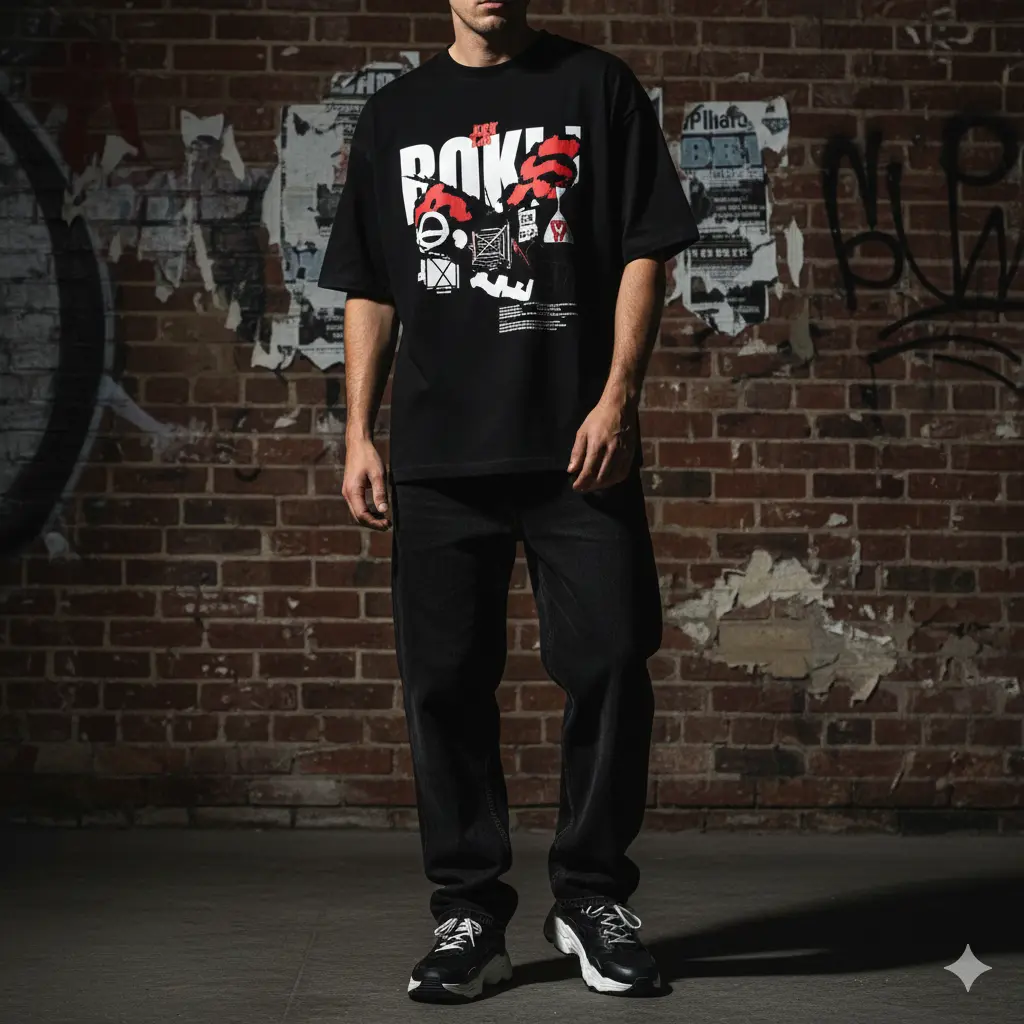 Black Baggy Jeans with Graphic T-Shirt