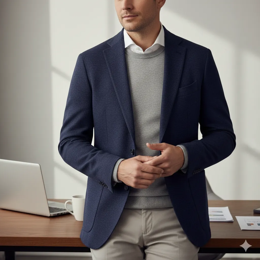 20 Men’s Winter Office Outfit Looks 3 Blazer with Merino Wool Sweater