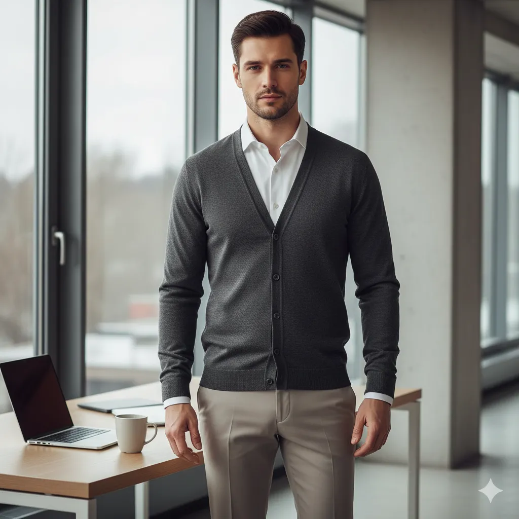 20 Men’s Winter Office Outfit Looks 7 Cardigan Layered with Dress Shirt