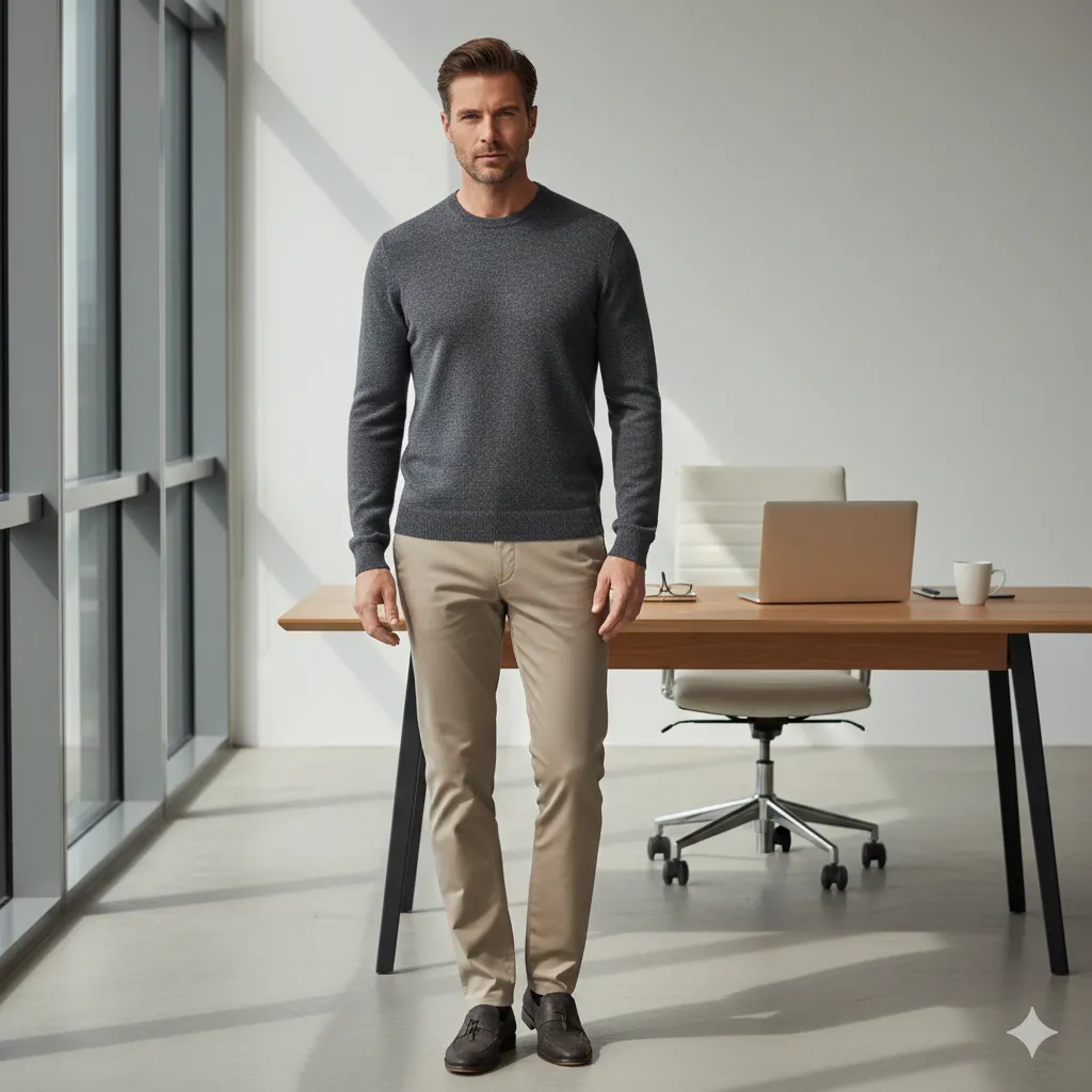 20 Men’s Winter Office Outfit Looks 11 Cashmere Sweater with Tailored Pants