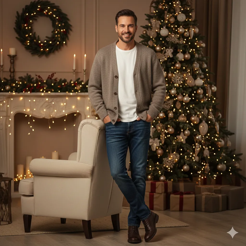 Casual Christmas Outfits Men 8 Casual Cardigan with Crew Neck Tee