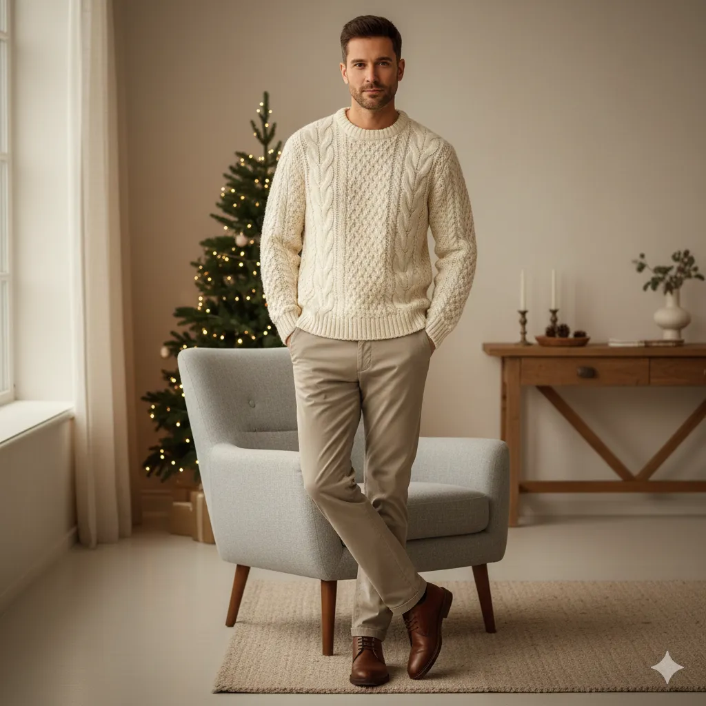 Casual Christmas Outfits Men 7 Chunky Knit with Neutral Chinos