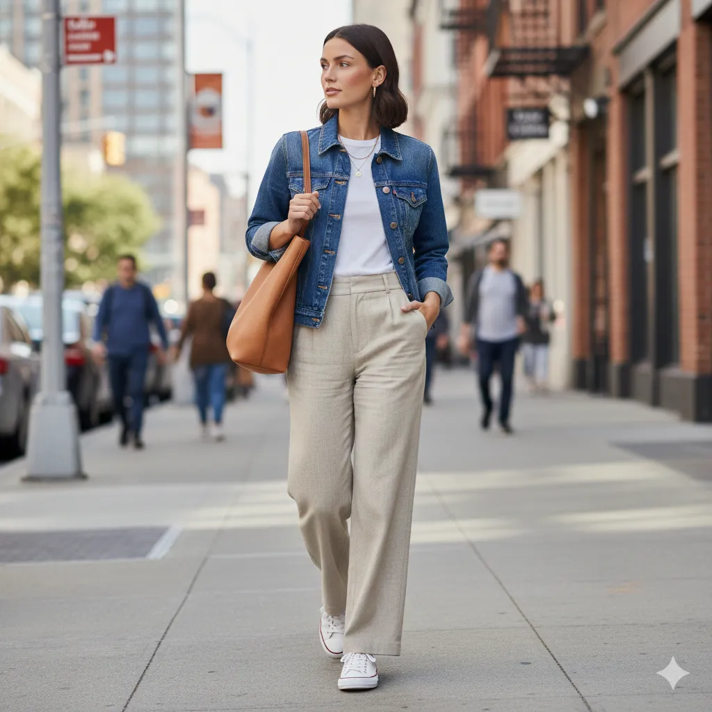 15 Wide Leg Pants Outfit Ideas for Women 7 Denim Jacket with Wide Leg Pants