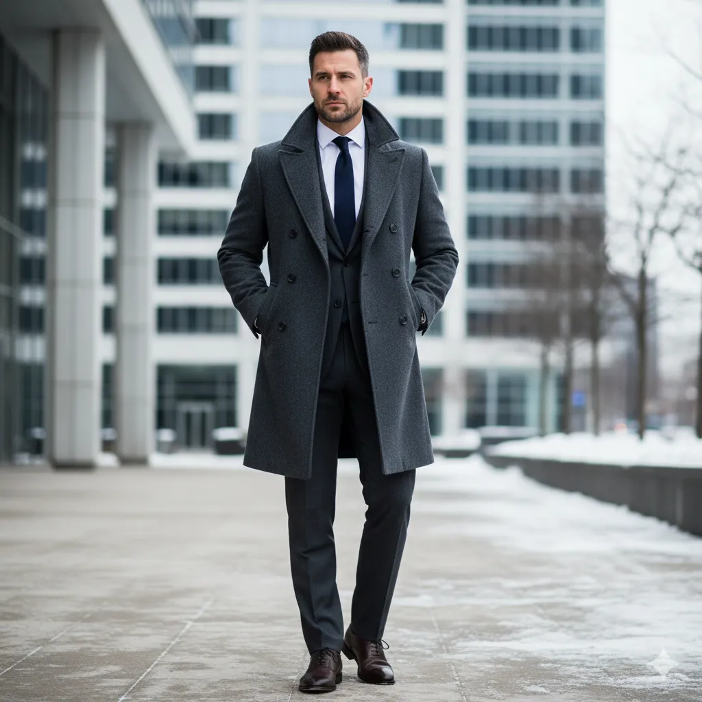 20 Men’s Winter Office Outfit Looks 22 Double-Breasted Coat with Office Wear
