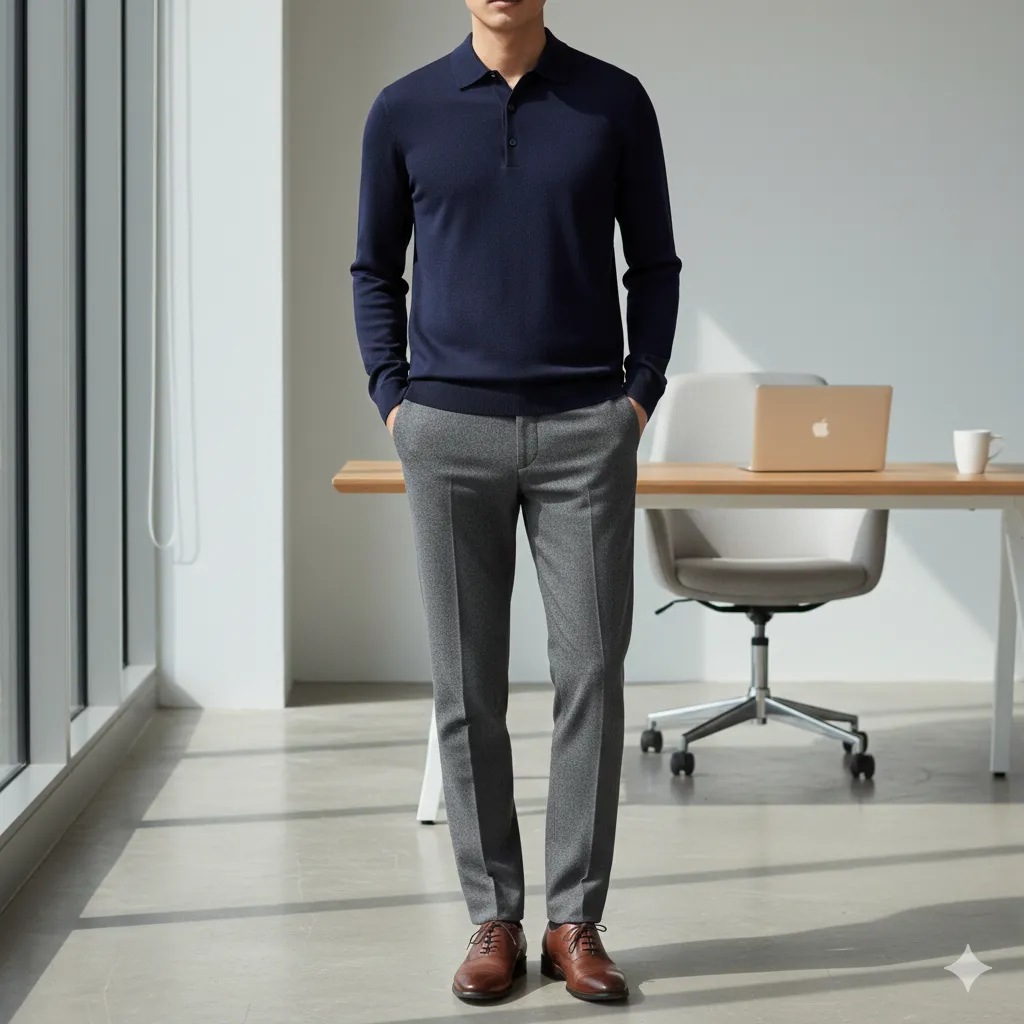 20 Men’s Winter Office Outfit Looks 18 Fine Knit Polo with Office Trousers