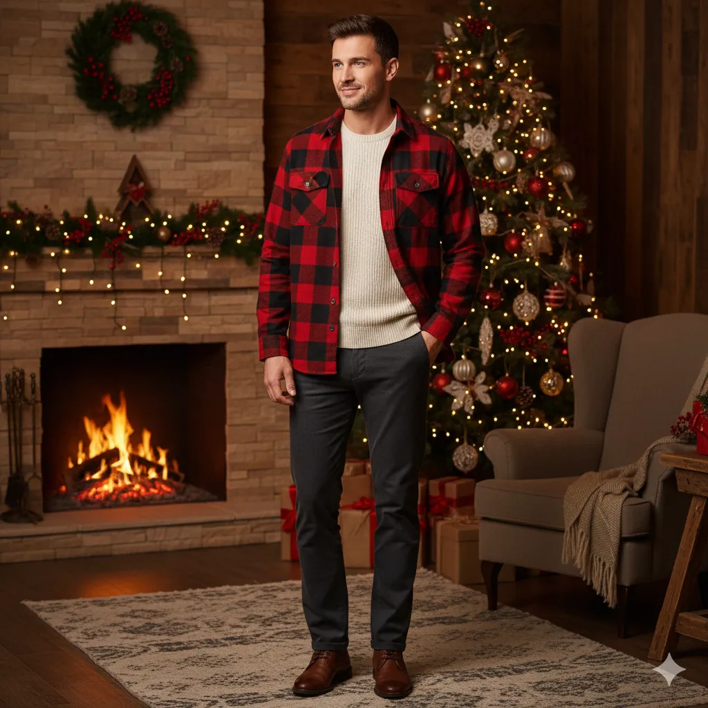 Casual Christmas Outfits Men 4 Flannel Shirt with Knit Layers