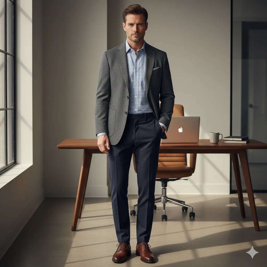 20 Men’s Winter Office Outfit Looks 10 Flannel Shirt with Office Blazer