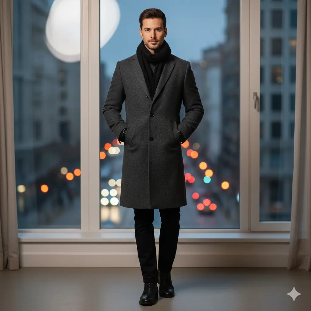 Grey Coat with Black Accessories