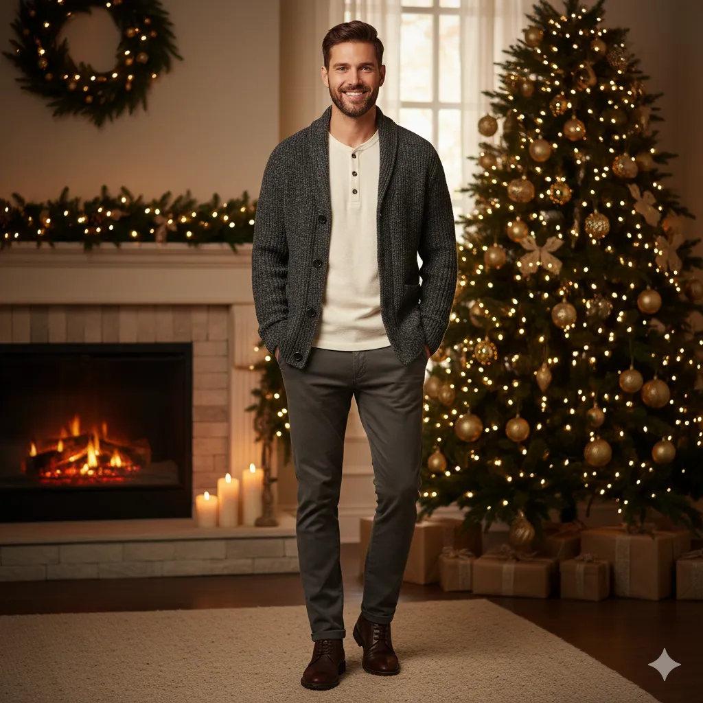 Casual Christmas Outfits Men 11 Henley Shirt with Knit Cardigan