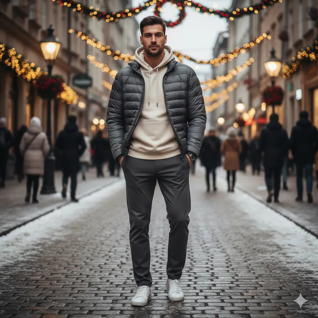 Casual Christmas Outfits Men 3 Hoodie Layered with a Puffer Jacket