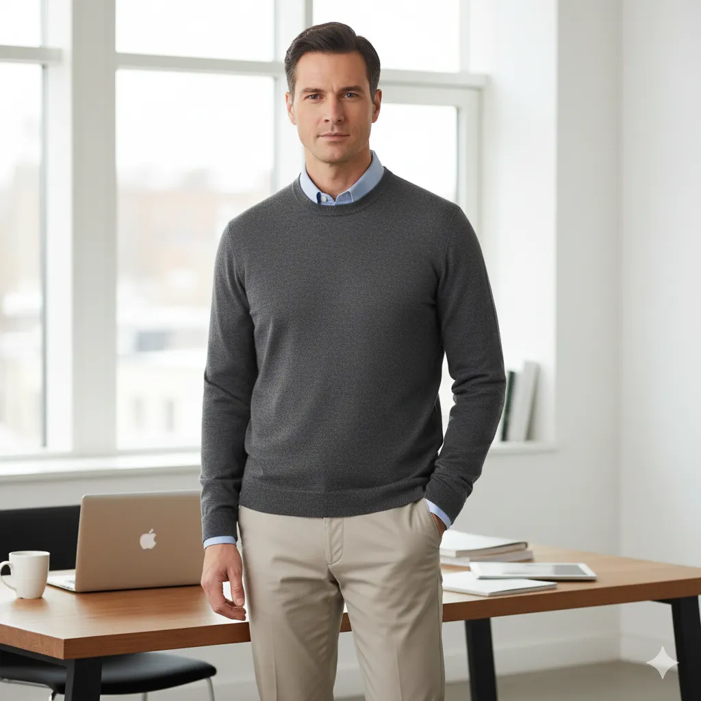 20 Men’s Winter Office Outfit Looks 5 Knit Sweater with Dress Shirt and Trousers