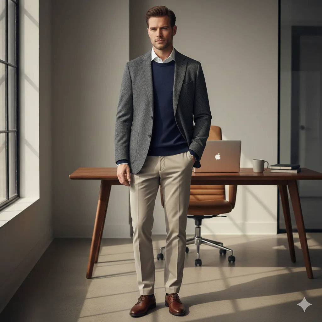 20 Men’s Winter Office Outfit Looks 15 Layered Shirt, Sweater, and Blazer