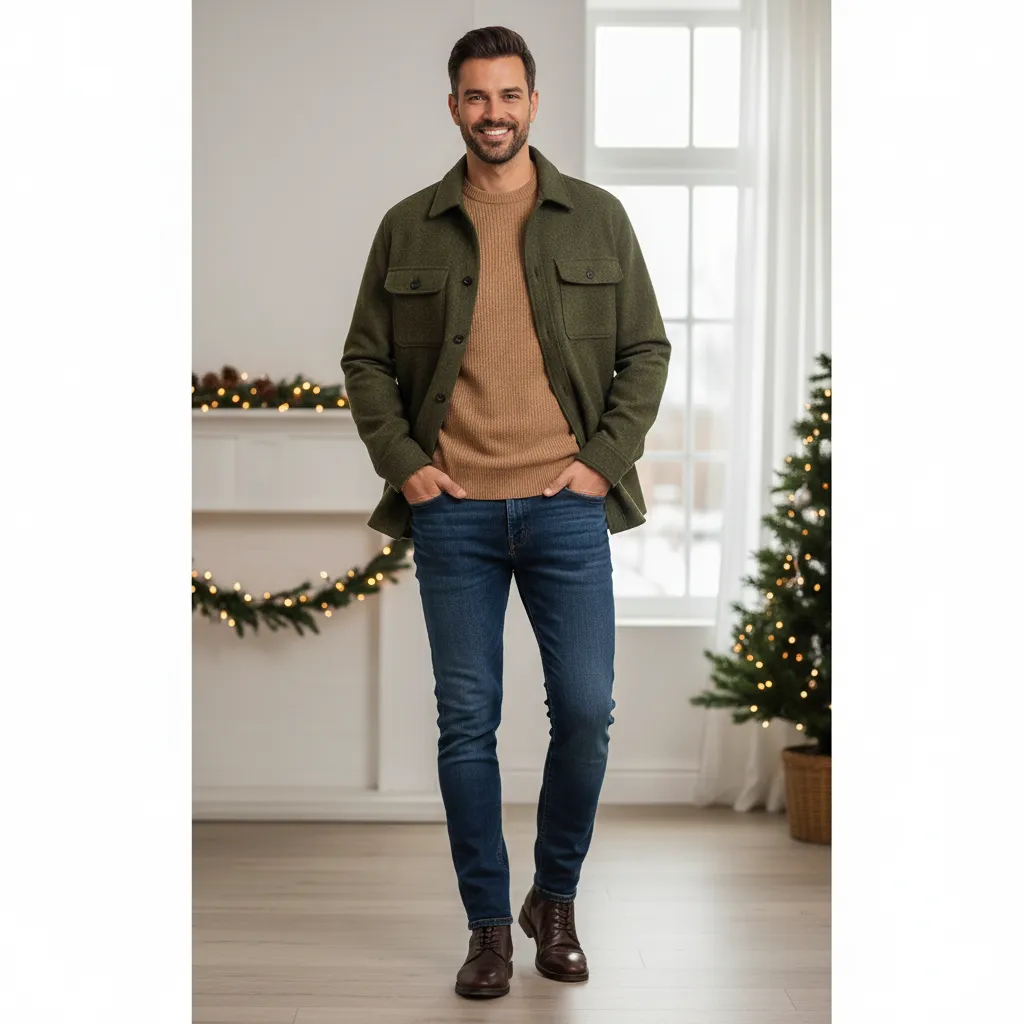 Casual Christmas Outfits Men 10 Overshirt with Knit Sweater