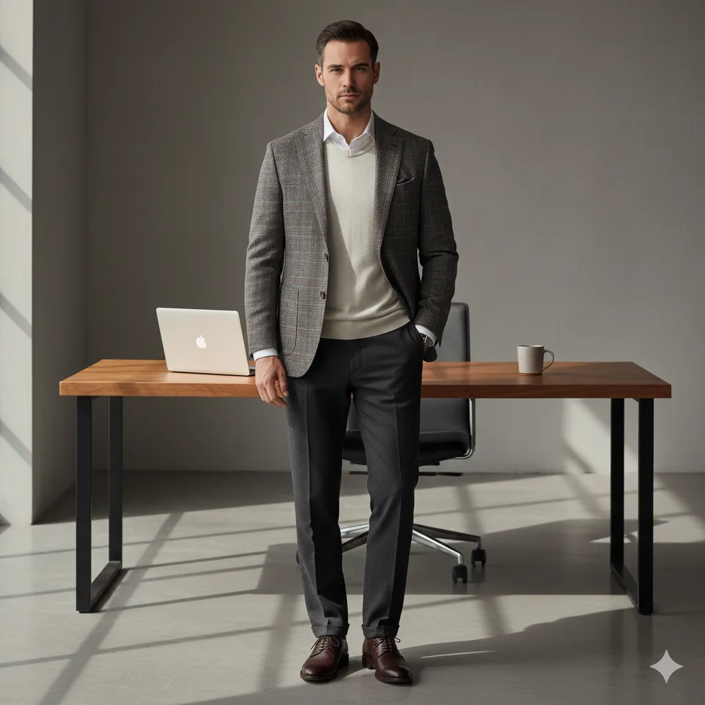 20 Men’s Winter Office Outfit Looks 17 Plaid Blazer with Neutral Basics