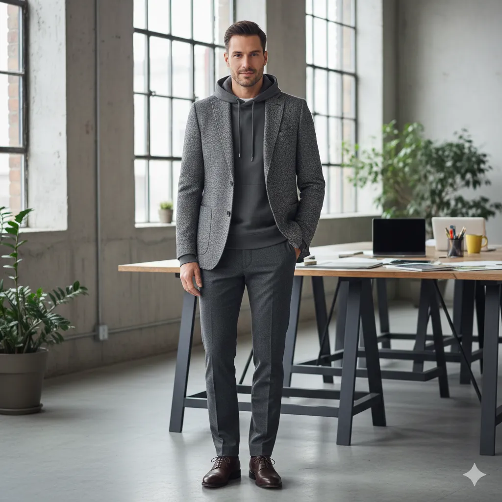 20 Men’s Winter Office Outfit Looks 19 Smart Casual Hoodie with BlazerSmart Casual Hoodie with Blazer