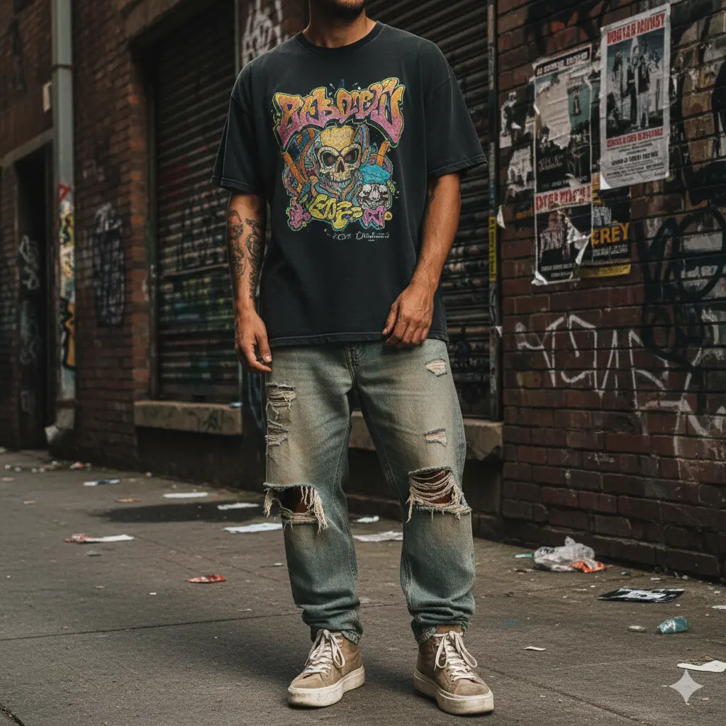 Vintage Tee with Distressed Baggy Jeans
