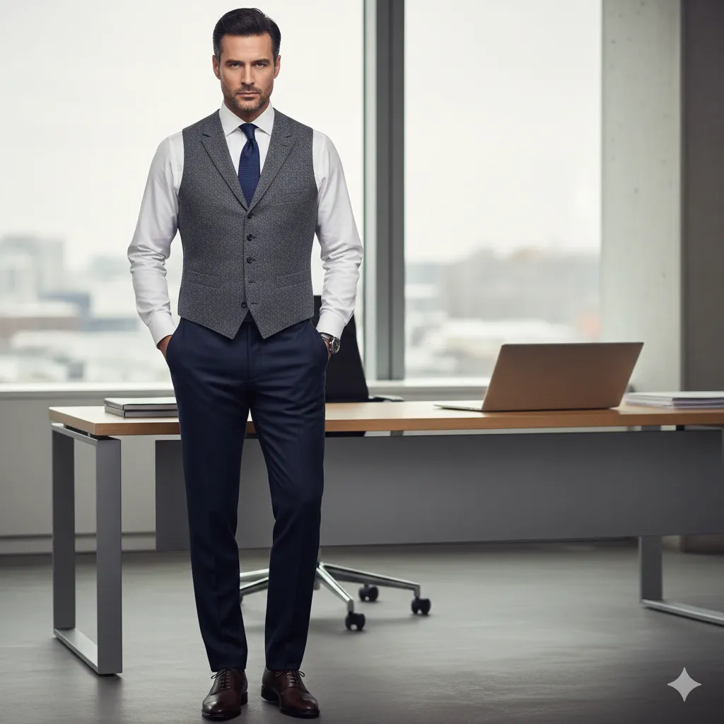 20 Men’s Winter Office Outfit Looks 8 Wool Vest with Formal Shirt and Tie
