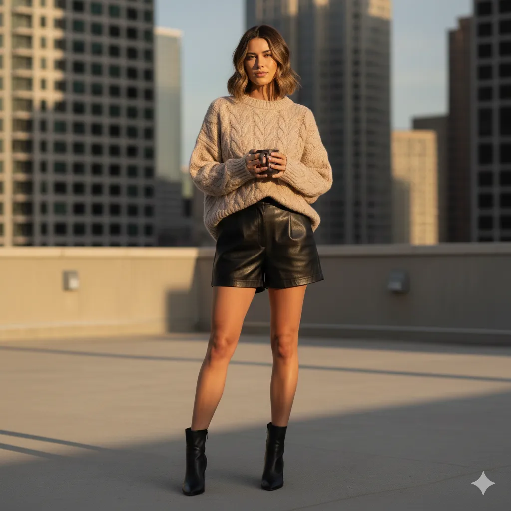 Leather Shorts With Cozy Knit Sweater