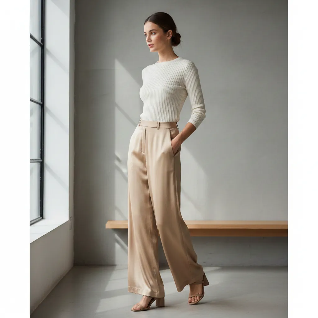 Silk Pants With Fitted Knit Top