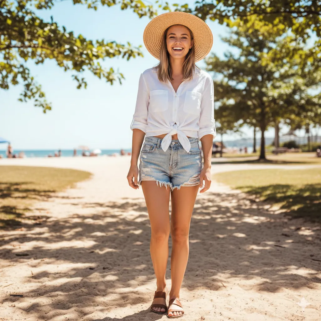 12+ White Shirt Outfit Style for Women 6 White Shirt with Denim Shorts