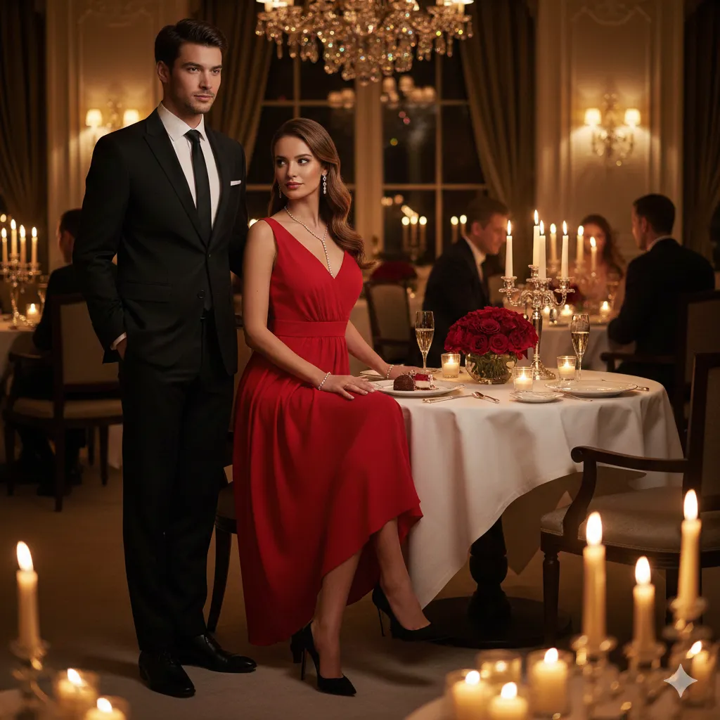 Classic Red Dress and Black Suit Combo
