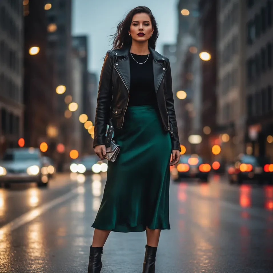 Leather Jacket with Midi Skirt