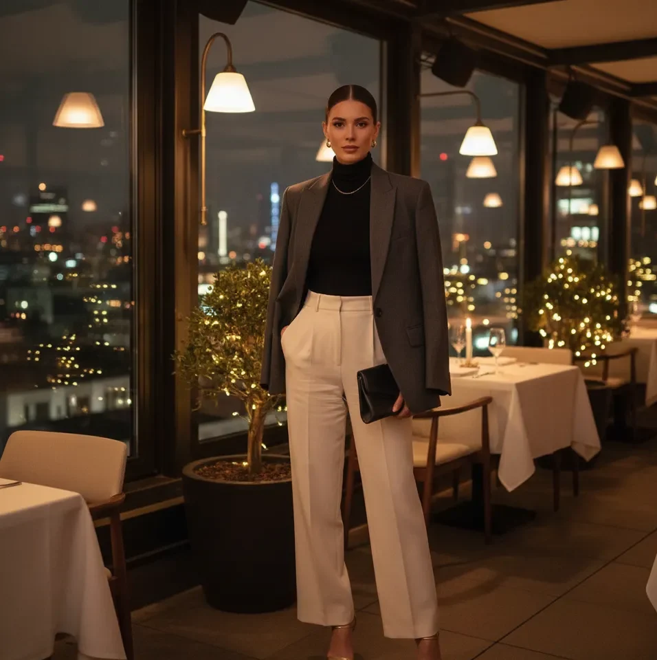 Blazer with Turtleneck and Wide-Leg Pants