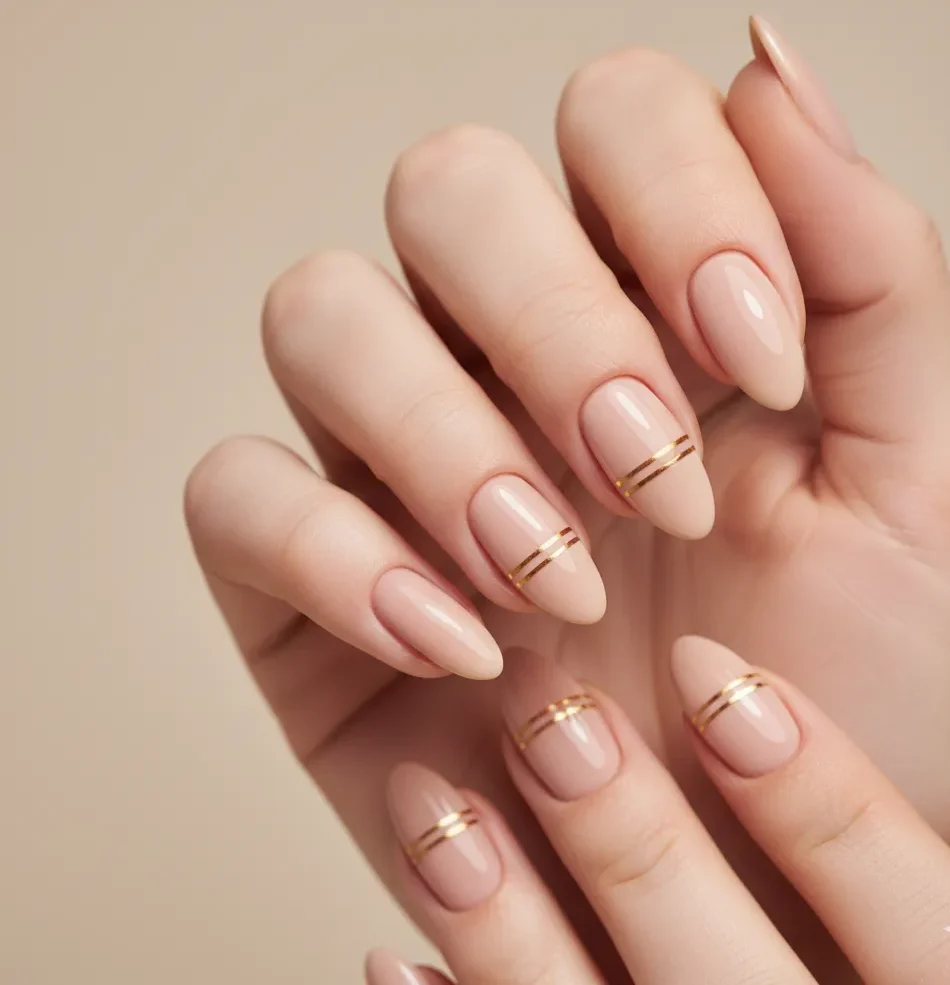 Minimalist Nail Art: Nude Nails with Thin Gold Line